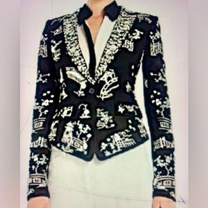 BCBGMaxAzria Black and White Embroidered Blazer Bowie Asian Design Size 2